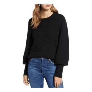 Rachel Parcell Sweater Black Bobble Stitch Crew Neck Pull Over Bishop Sleeves M
